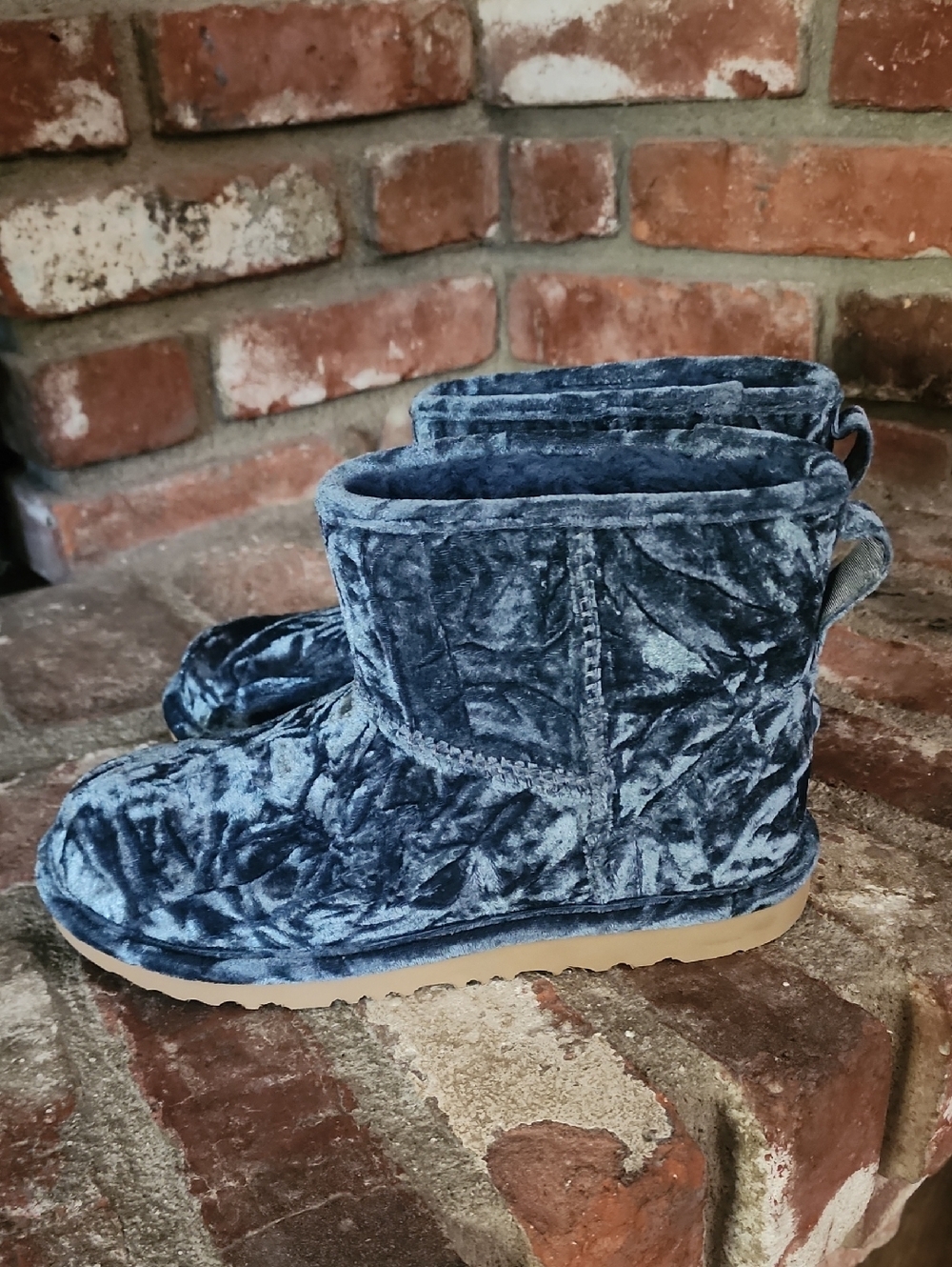UGG Crushed Velvet Ankle Booties Slate Blue Cozy Luxe Winter Shoes